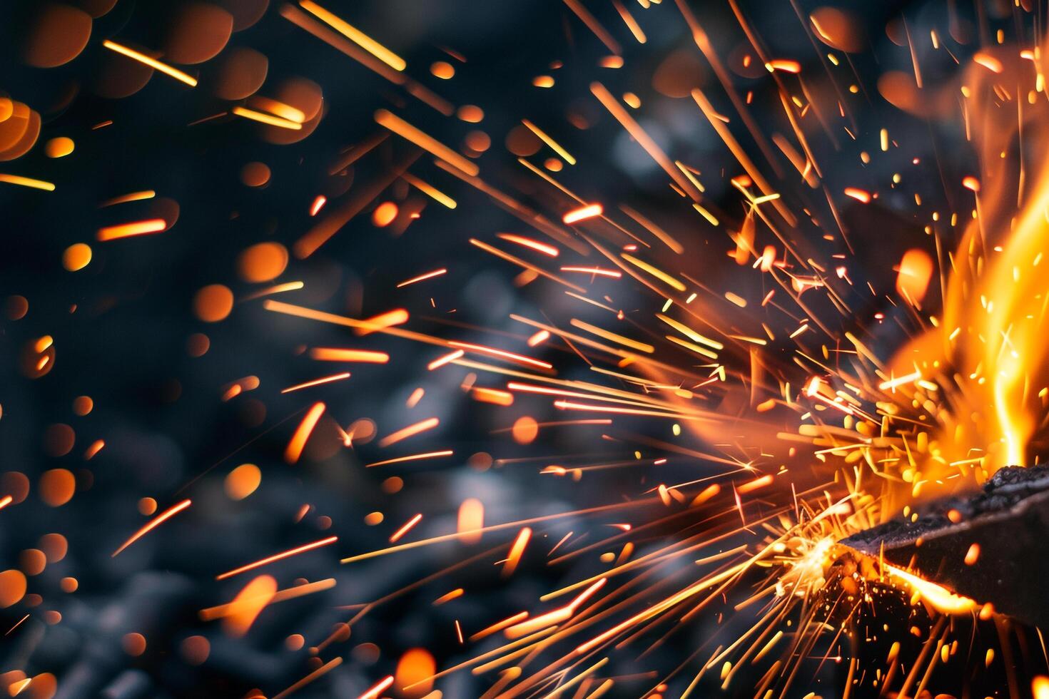 Dynamic Nature of sparks and flames erupting from metalworking forge capturing the intense heat and energy photo