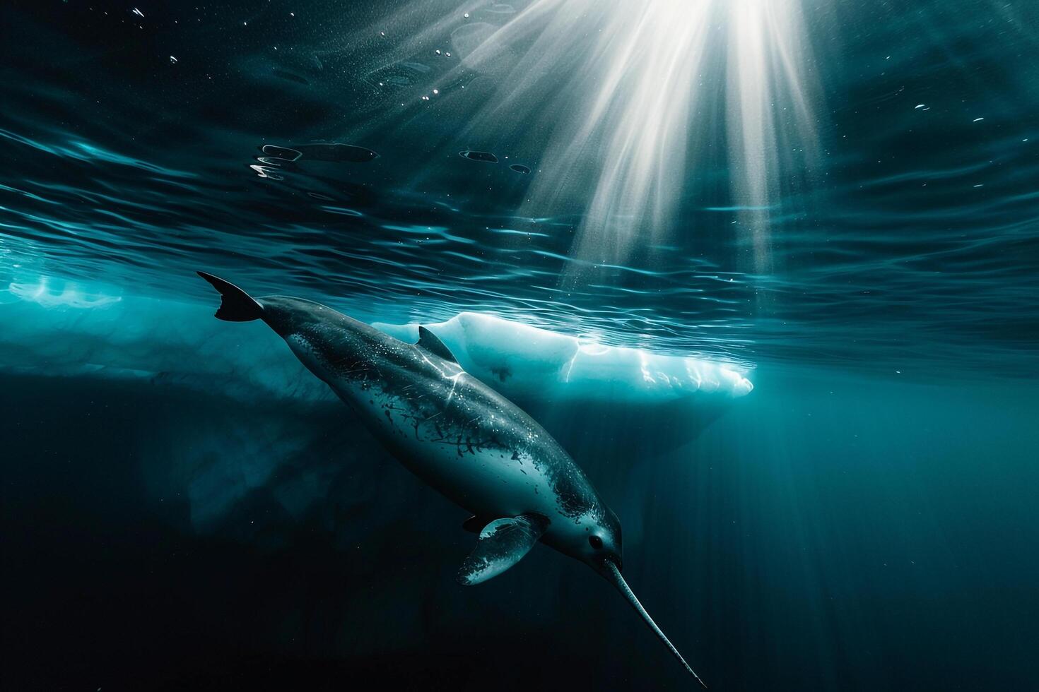 Intriguing Narwhal swimming gracefully beneath translucent iceberg with sun ray background Arctic waters serene underwater environment photo