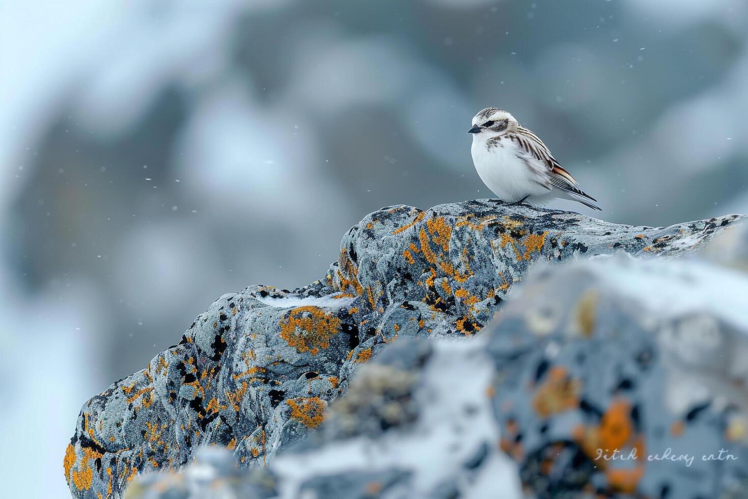 Snow Bunting on Lichen Covered Arctic Rock Background photo