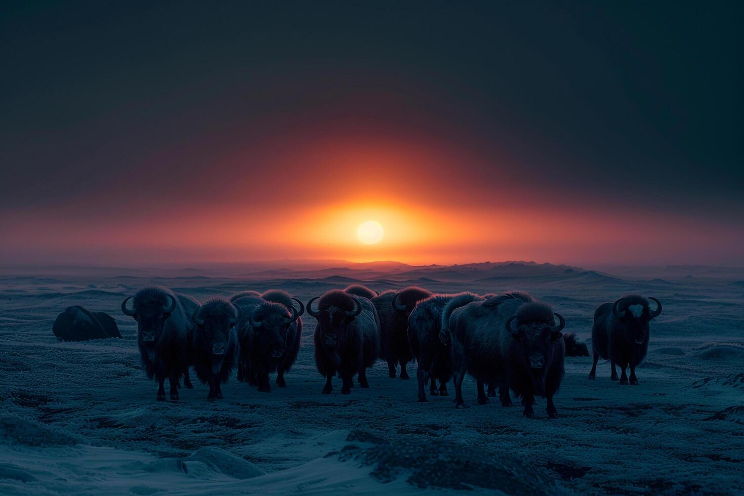 Musk Oxen in the Arctic TundrUnder the Midnight Sun Background photo