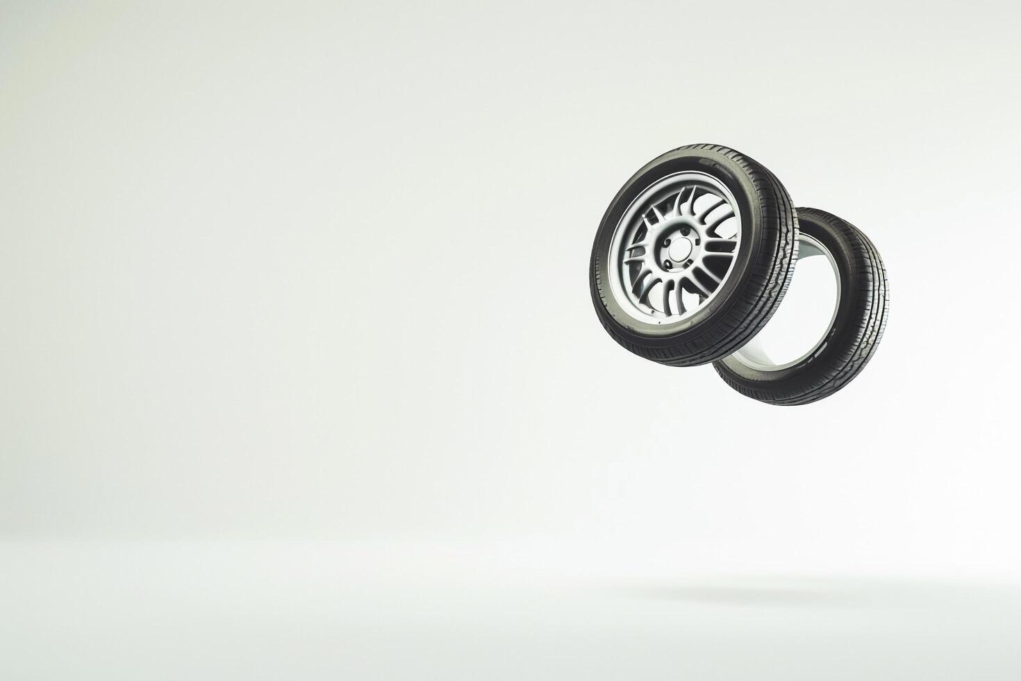 Car wheels levitating against blank white background creating floating effect photo