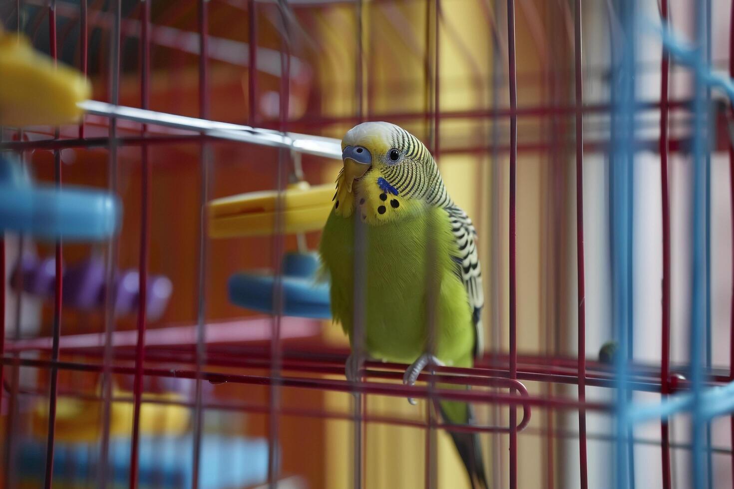 parakeet watching intently as its owner cleans and replenishes its cage with fresh perches and toys creating colorful and engaging background photo