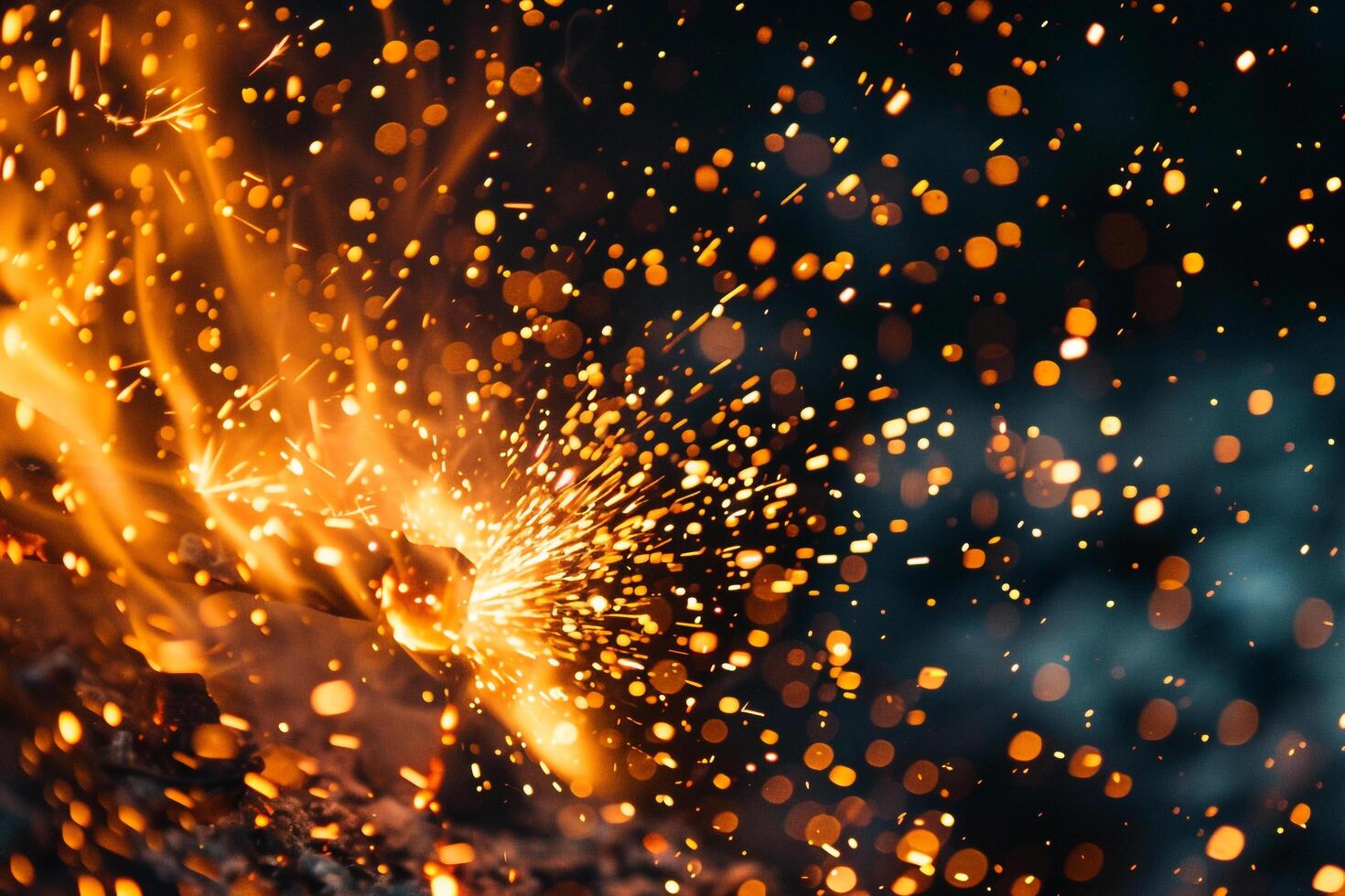 Vibrant Nature of sparks and flames bursting from blacksmiths forge capturing the energy and heat of metalworking photo