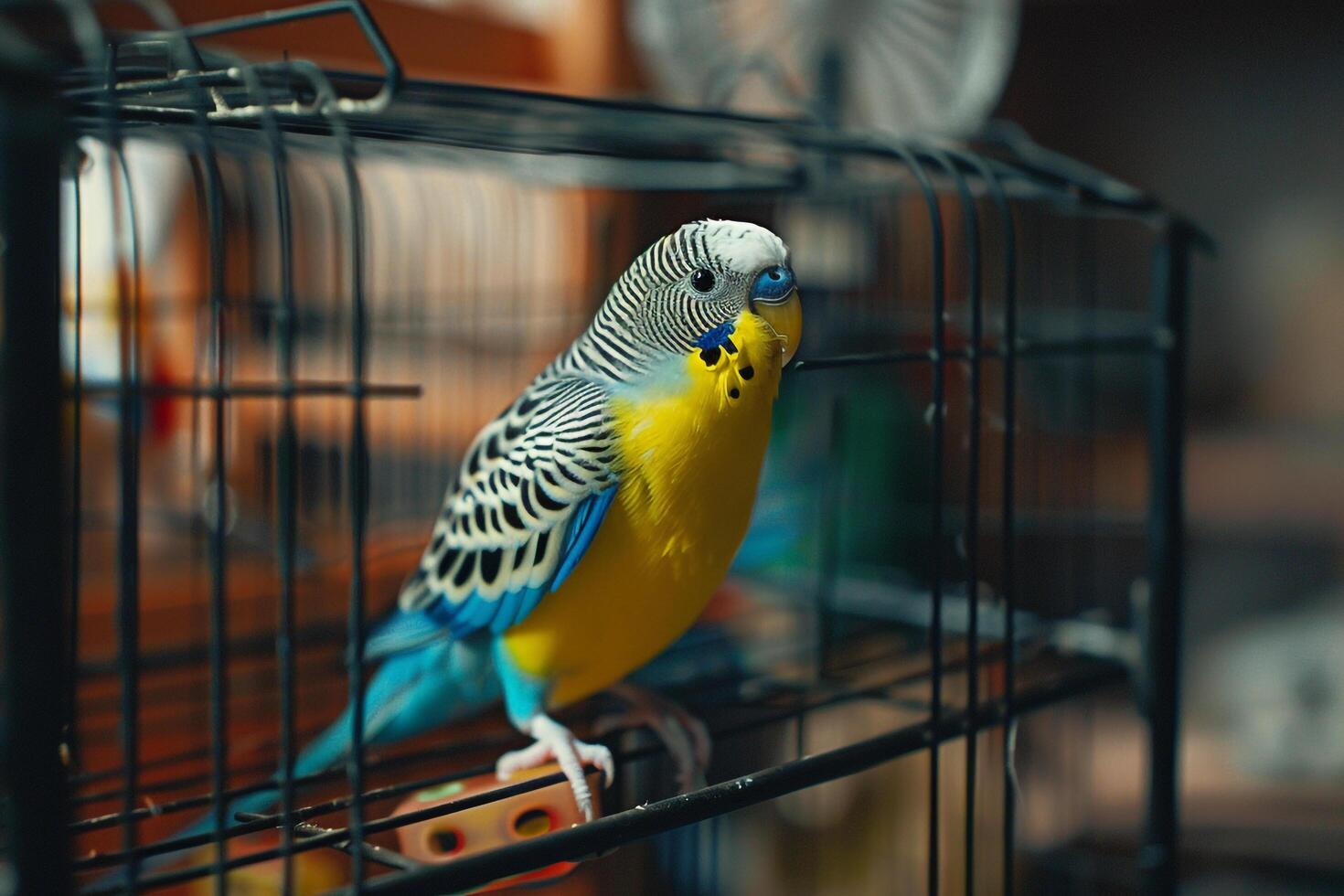 parakeet watching intently as its owner cleans and replenishes its cage with fresh perches and toys creating colorful and engaging background photo