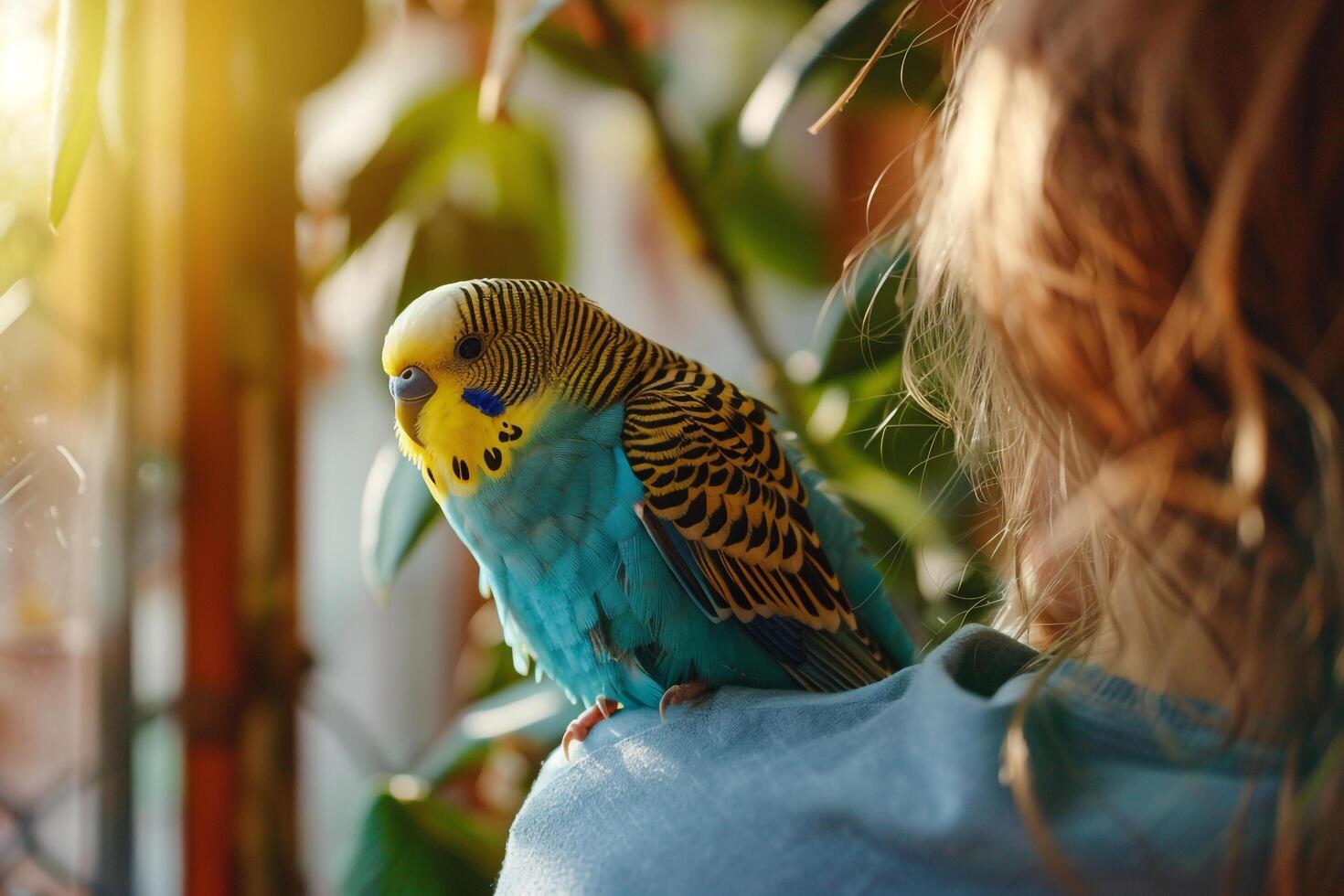 budgerigar perched on its owners shoulder eagerly awaiting gentle wing feather trim with small pair of grooming scissors in cozy home environment photo