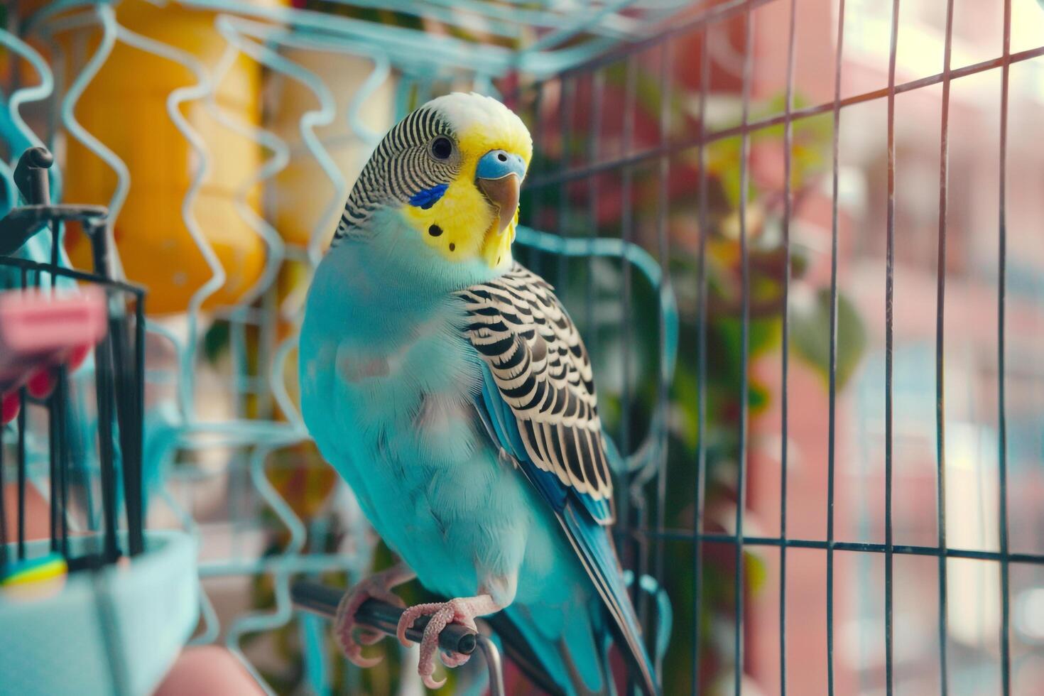 parakeet watching intently as its owner cleans and replenishes its cage with fresh perches and toys creating colorful and engaging background photo