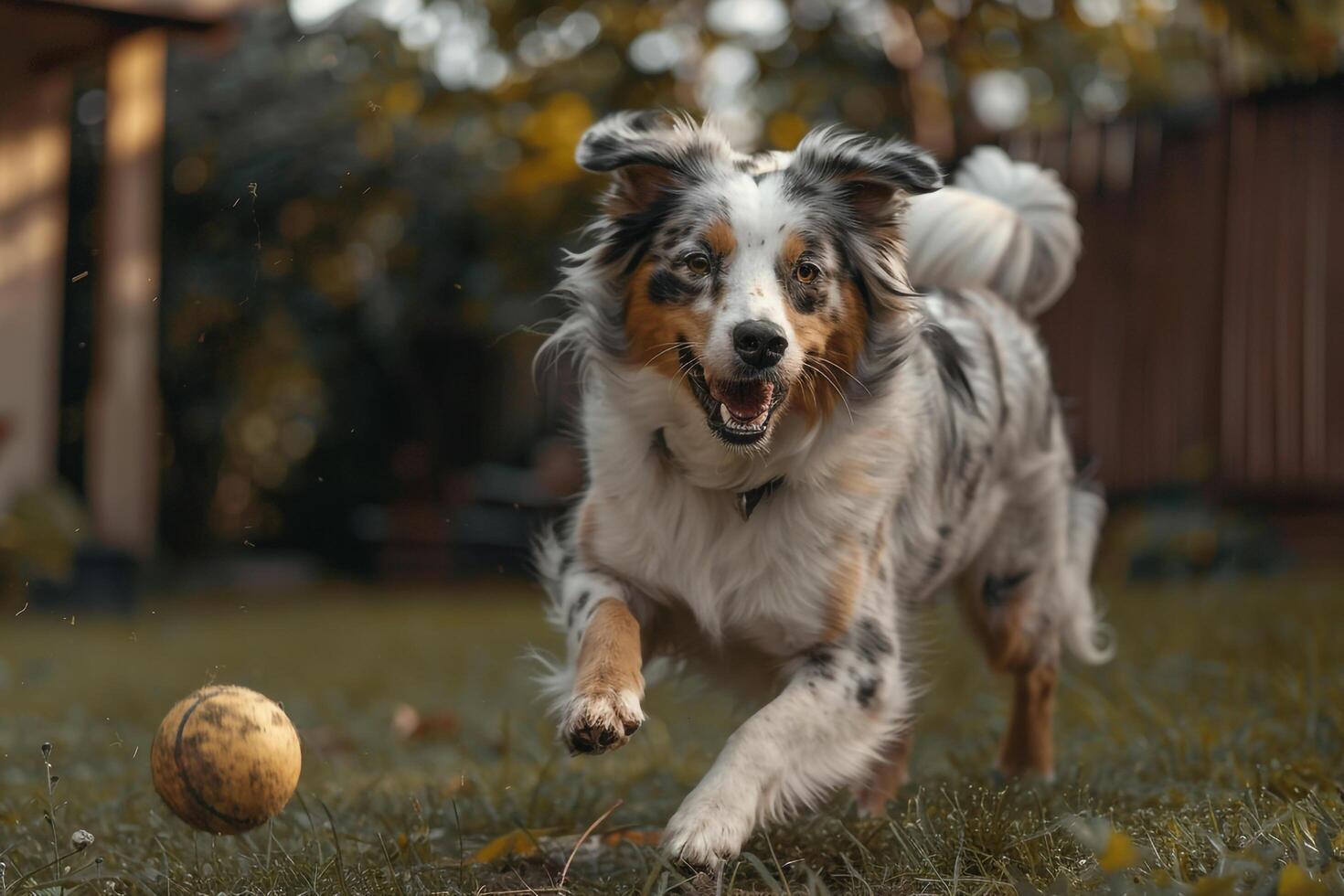 An Australian Shepherd herding balls in spacious backyard displaying keen  and agility against vibrant play background photo