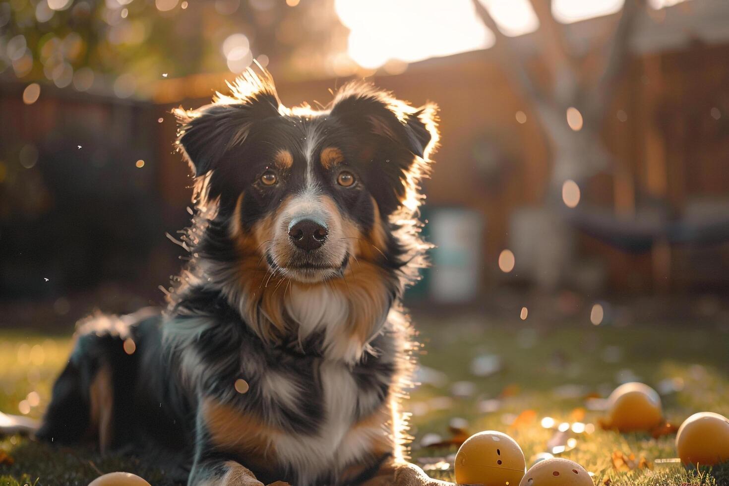 An Australian Shepherd herding balls in spacious backyard displaying keen  and agility against vibrant play background photo