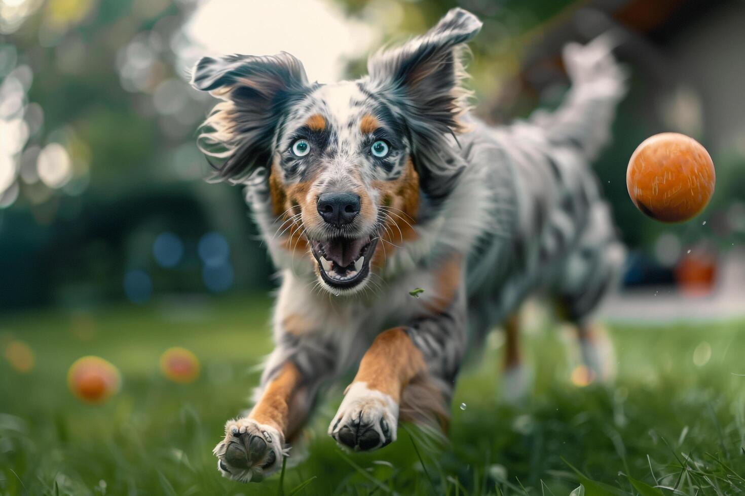 An Australian Shepherd herding balls in spacious backyard displaying keen  and agility against vibrant play background photo