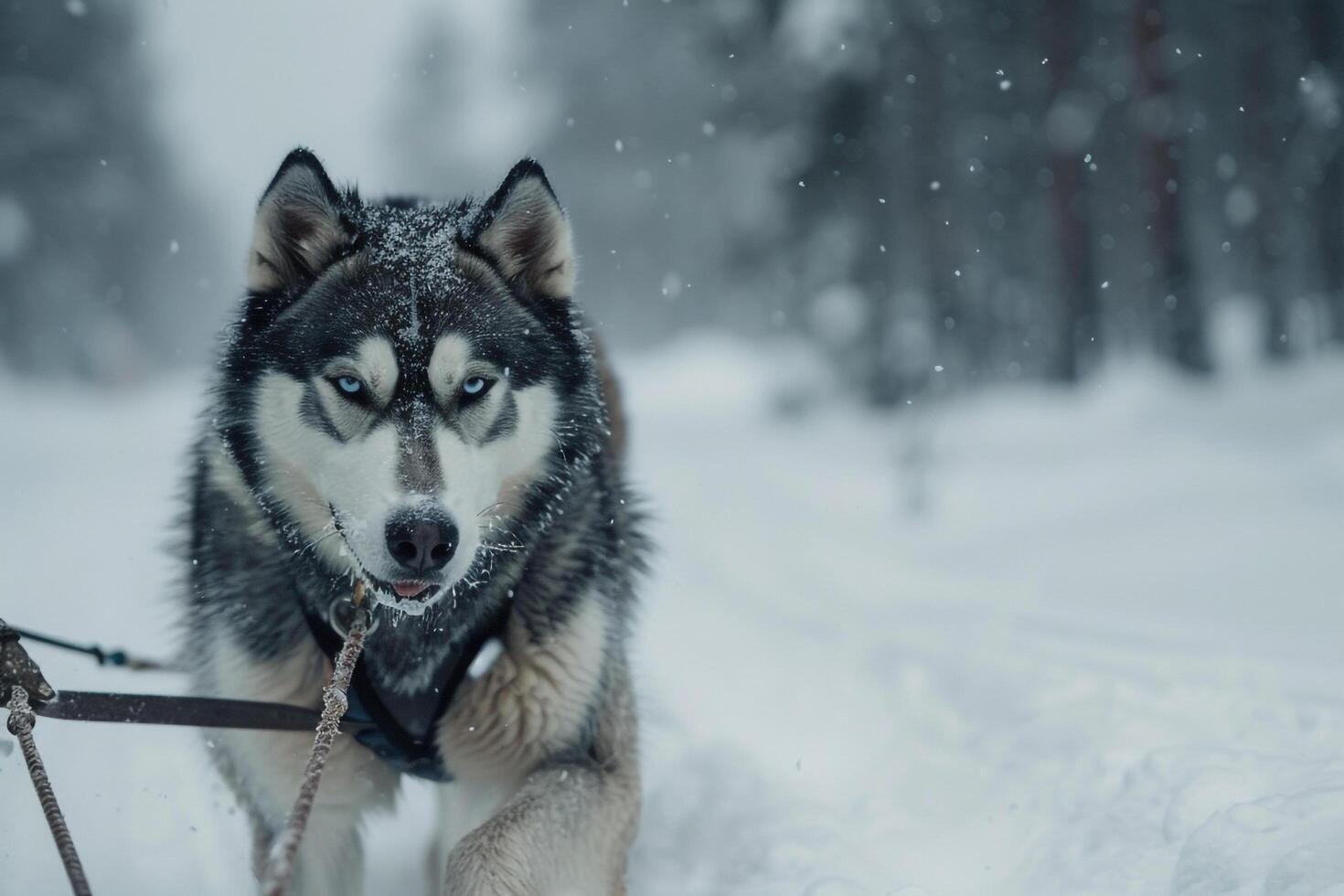 An Alaskan Malamute pulling sled through snowy nature background its keen eyes ed on the trail ahead with rugged snowy background photo