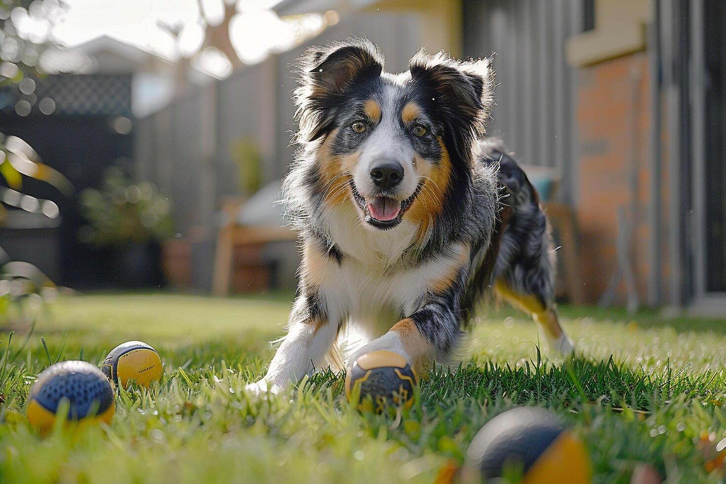 An Australian Shepherd herding balls in spacious backyard displaying keen  and agility against vibrant play background photo