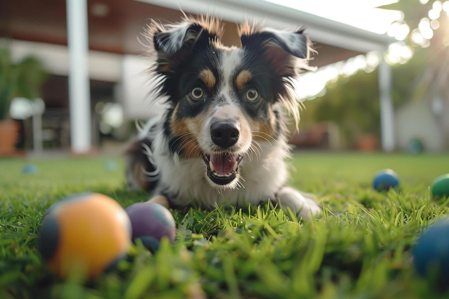 An Australian Shepherd herding balls in spacious backyard displaying keen  and agility against vibrant play background photo