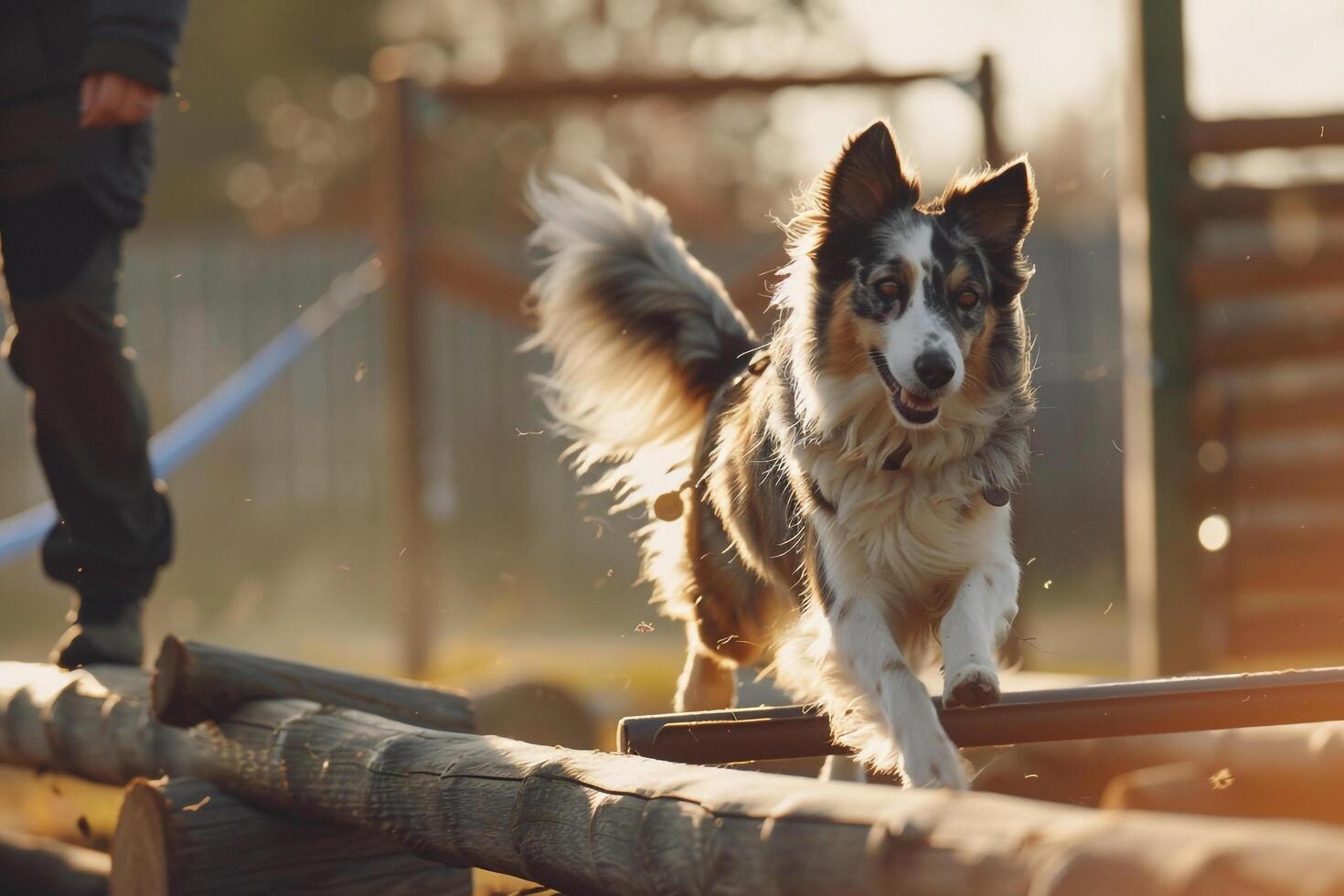 An Australian Shepherd navigating an agility course with precision and enthusiasm owner cheering from the sidelines set against an engaging agility background photo