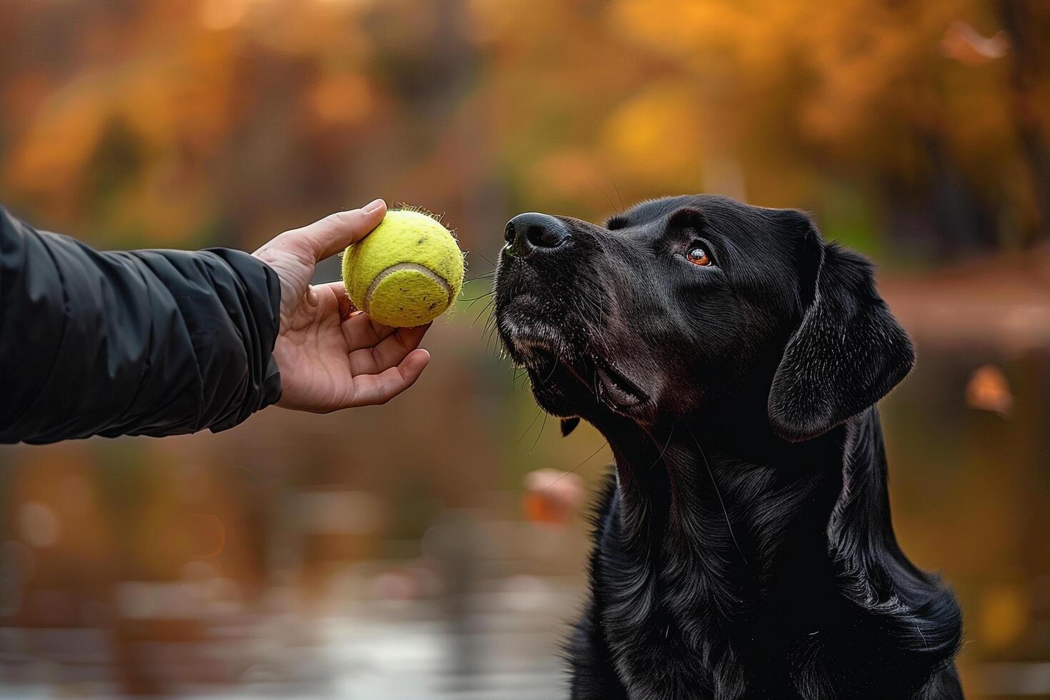 Labrador Retriever and its owner playing fetch with tennis ball in serene lakeside park surrounded by autumn foliage with peaceful park background photo