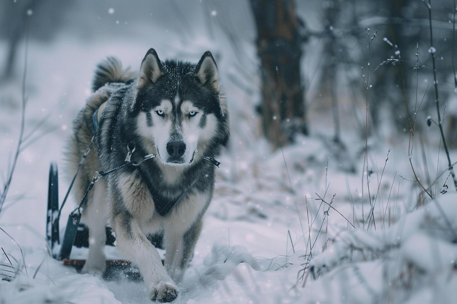 An Alaskan Malamute pulling sled through snowy nature background its keen eyes ed on the trail ahead with rugged snowy background photo