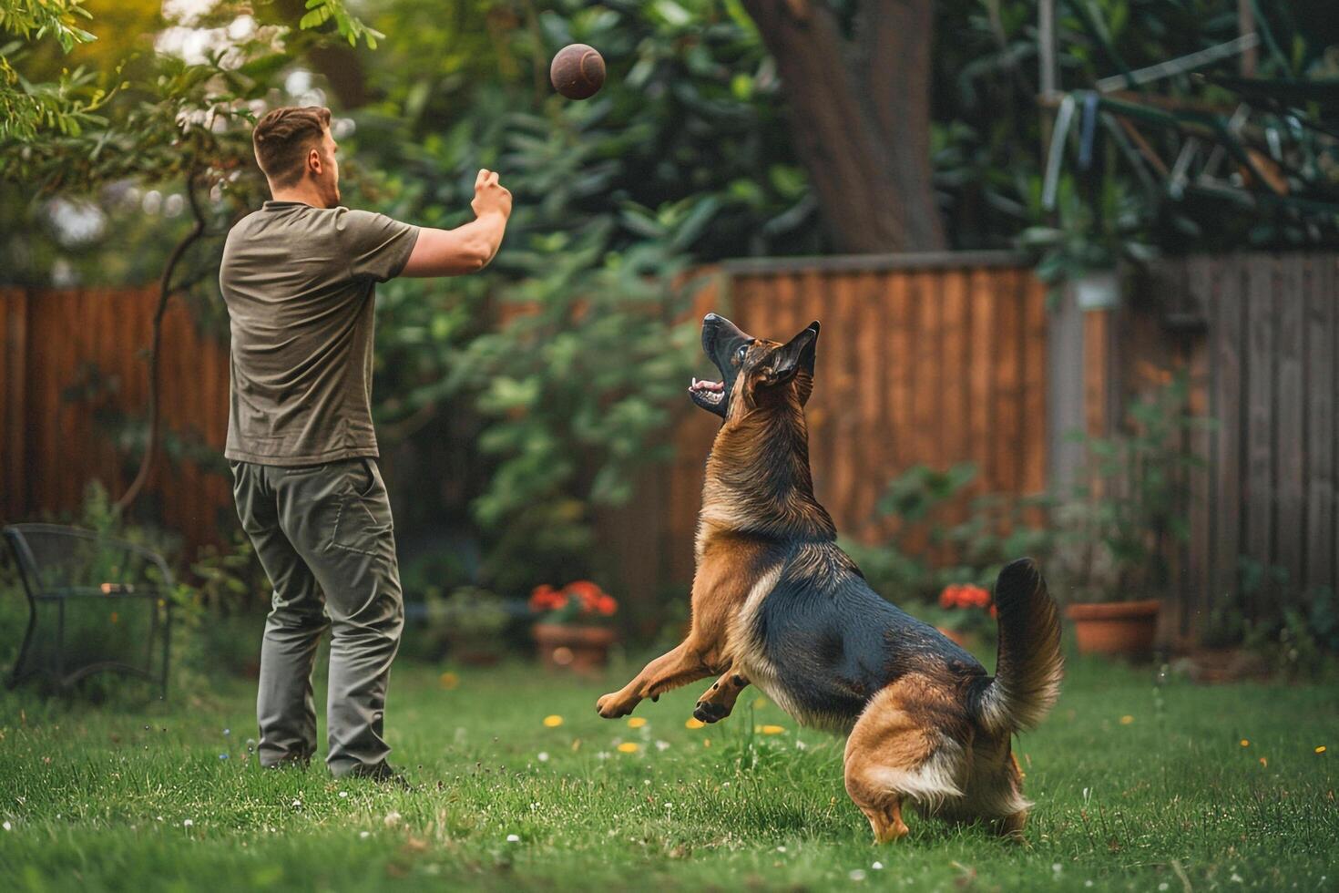 Conceptual Background Dog Play Bonding with German Shepherd in Spacious Backyard photo