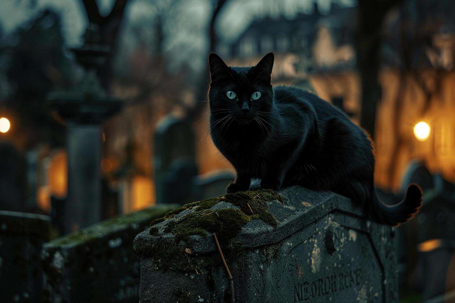 Conceptual Pet Black Cat Perched on MossCovered Gravestone in Moonlit Cemetery Background photo