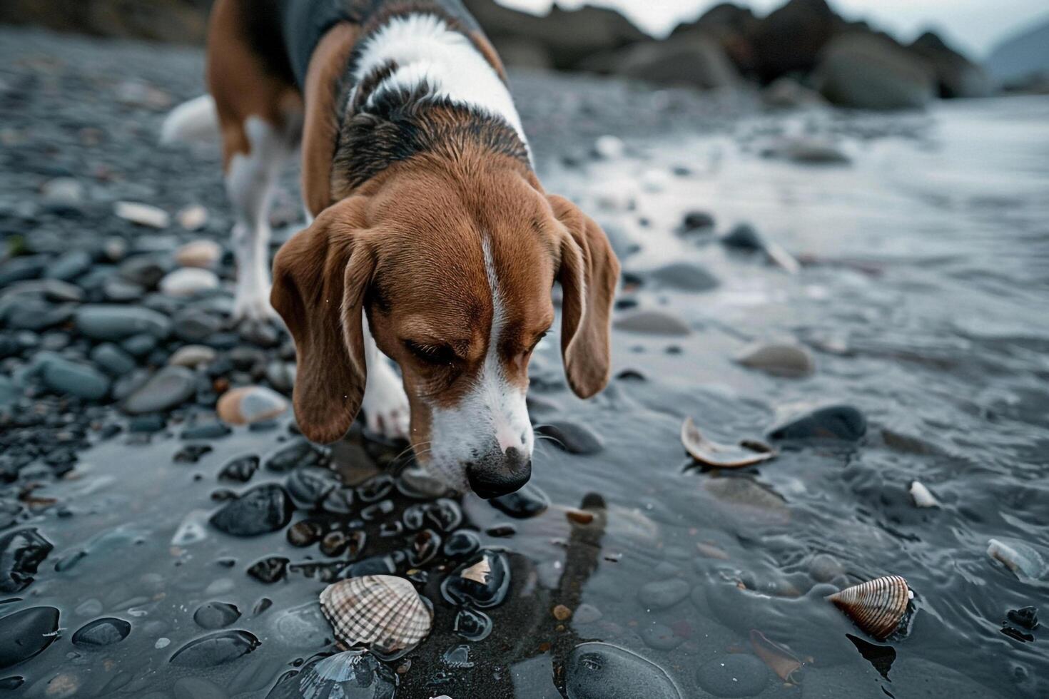 Conceptual Background Dog Play Curious Beagle Exploring Rocky Beach photo
