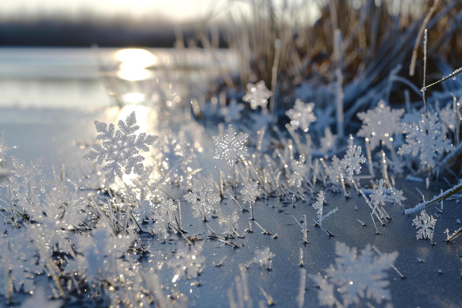 Abstract Experimental Snowflakes Swirling in Gust of Wind Over Frozen Pond Background photo