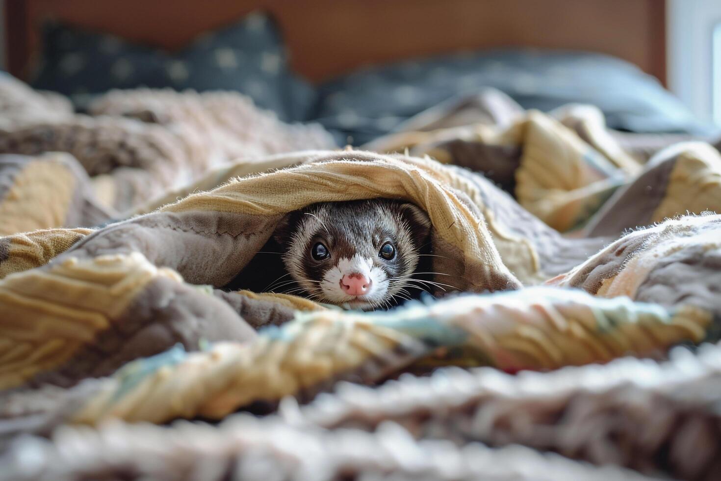 Conceptual Pet Whimsical Ferret Peeking Out from Under Pile of Blankets on Bed Background photo