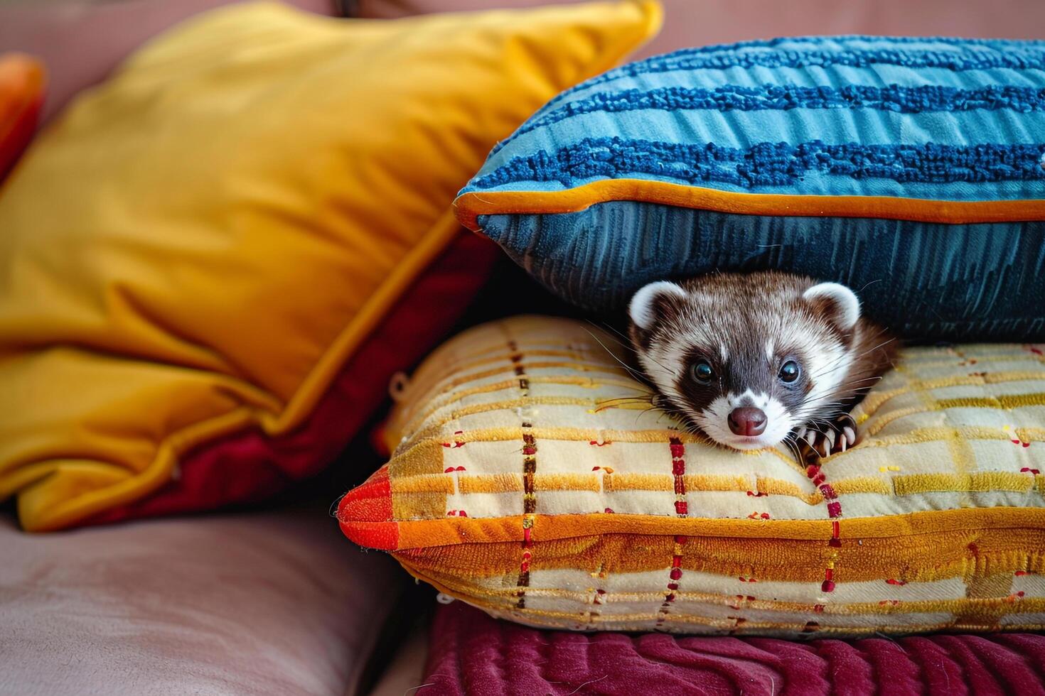 Conceptual Pet Whimsical Ferret Peeking Out from Stack of Colorful Pillows in Living Room Background photo