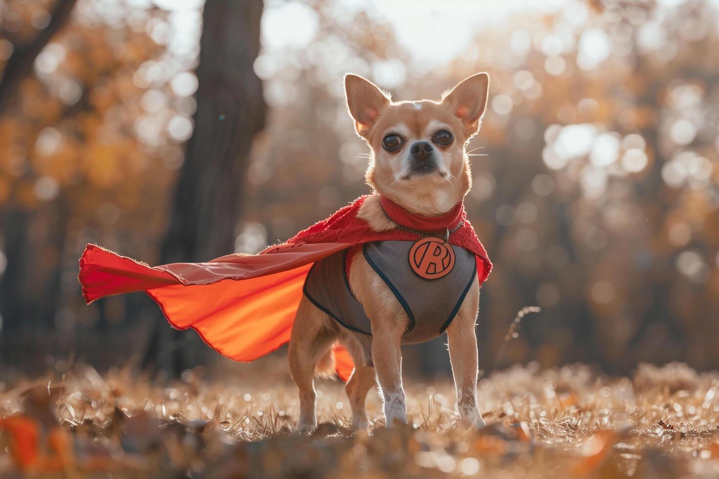 Creative Pet Costume Amused Small Dog Dressed in Superhero Costume Proudly Standing with Cape Fluttering in the Wind Background photo