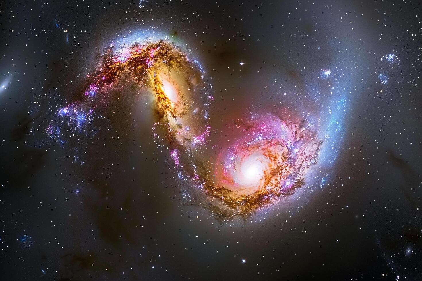 Cosmic Deep Space Antennae Galaxies in Collision Showing Distorted Shapes and Starburst Regions Background photo