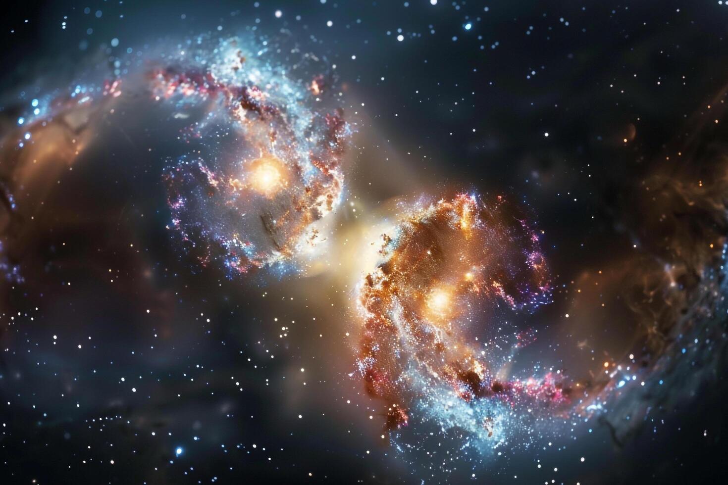 Cosmic Deep Space Antennae Galaxies in Collision Showing Distorted Shapes and Starburst Regions Background photo
