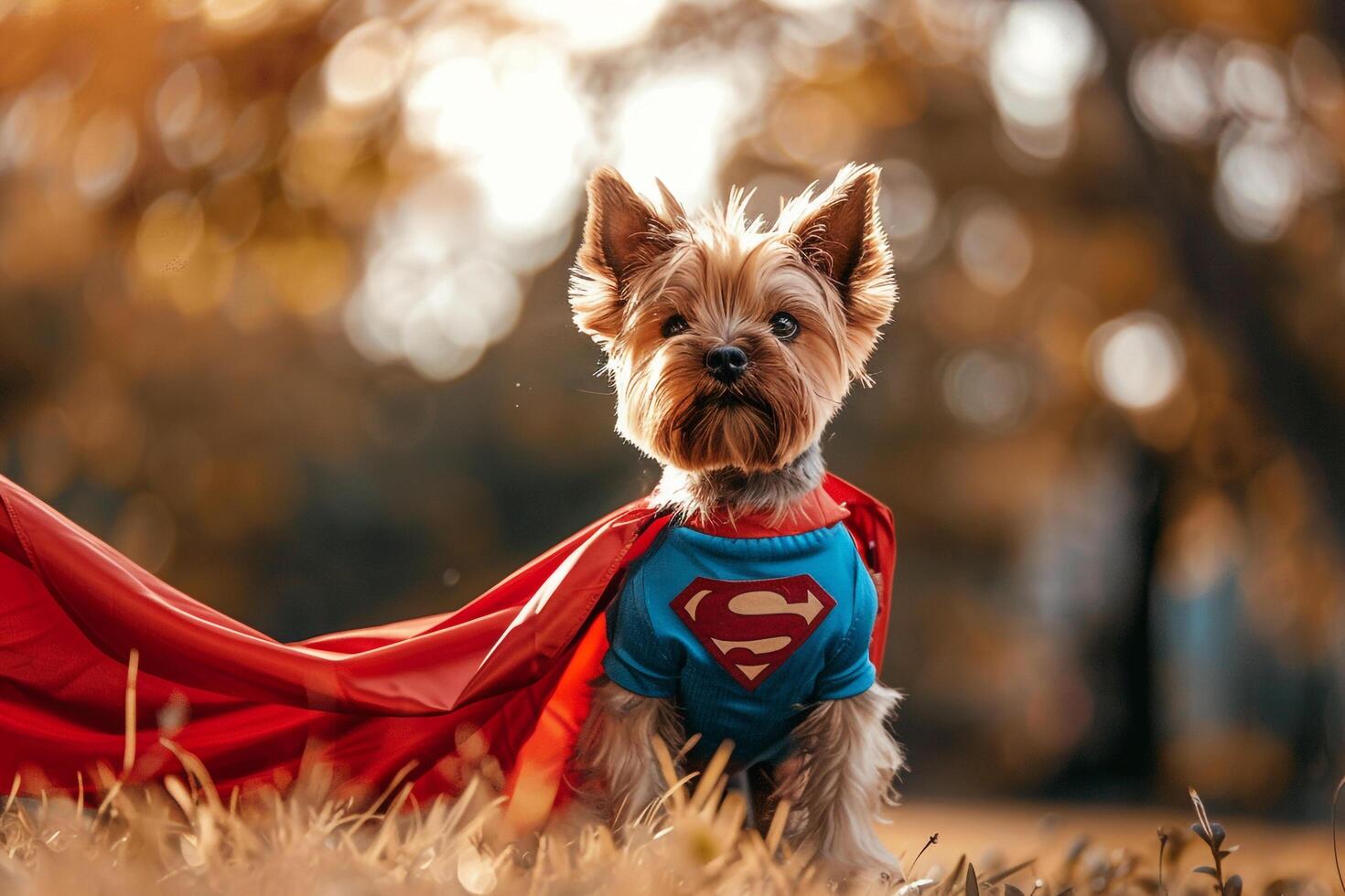 Creative Pet Costume Amused Small Dog Dressed in Superhero Costume Proudly Standing with Cape Fluttering in the Wind Background photo