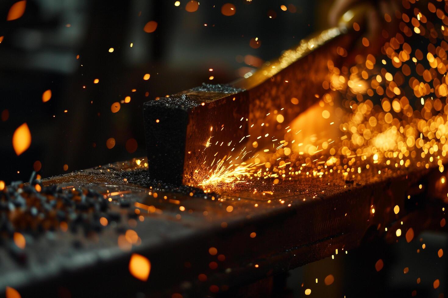 Abstract Experimental Dynamic Nature of Sparks Flying from Blacksmiths Hammer Hitting an Anvil Background photo
