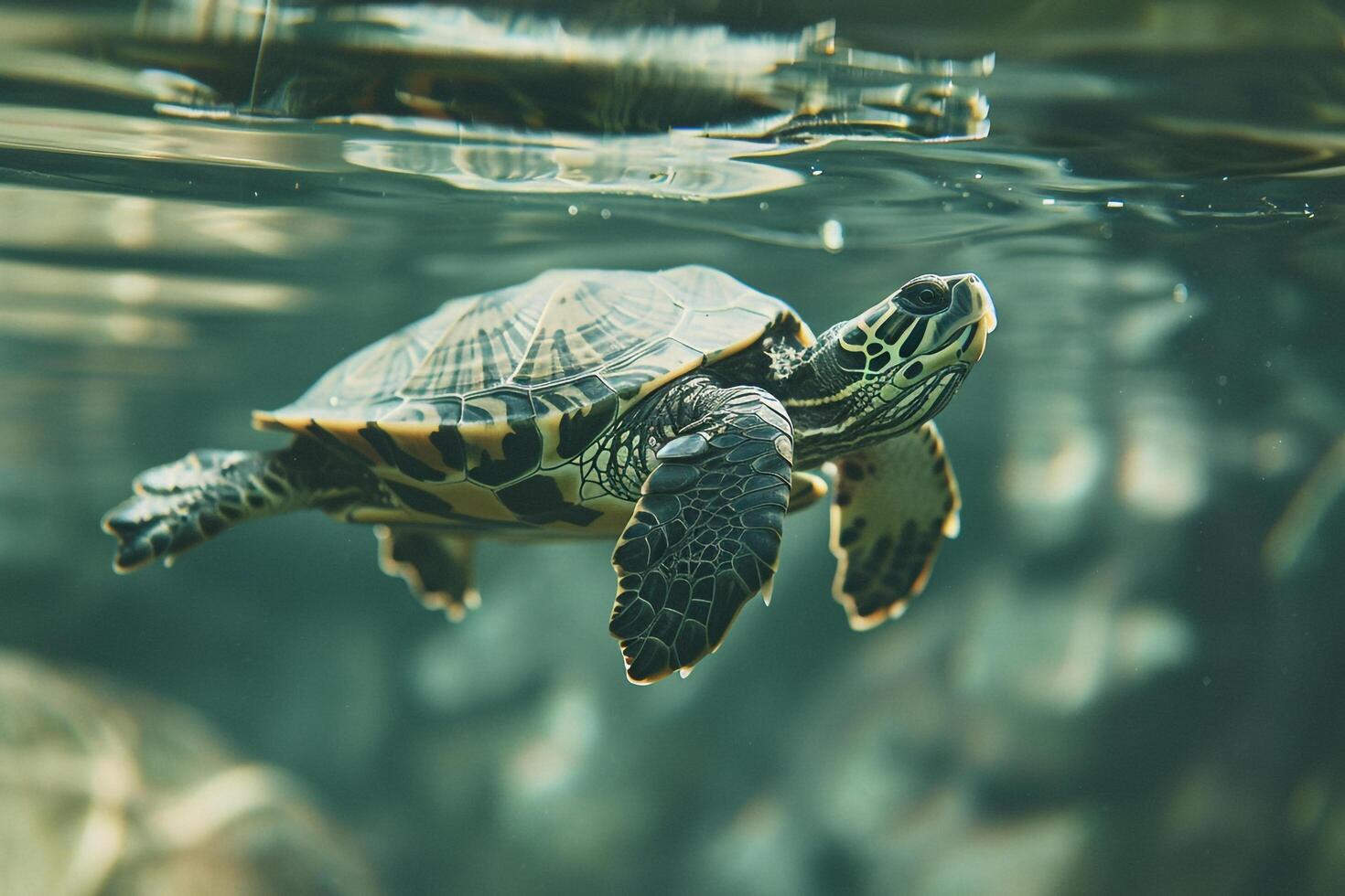 rescued turtle swimming gracefully in specially designed tank its movements reflecting newfound freedom and care photo