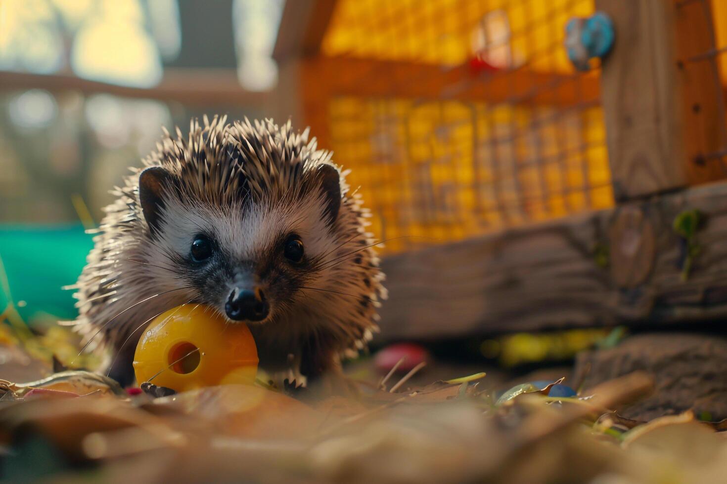 rescued hedgehog exploring new toy in its enclosure quills relaxed as it investigates with curiosity photo