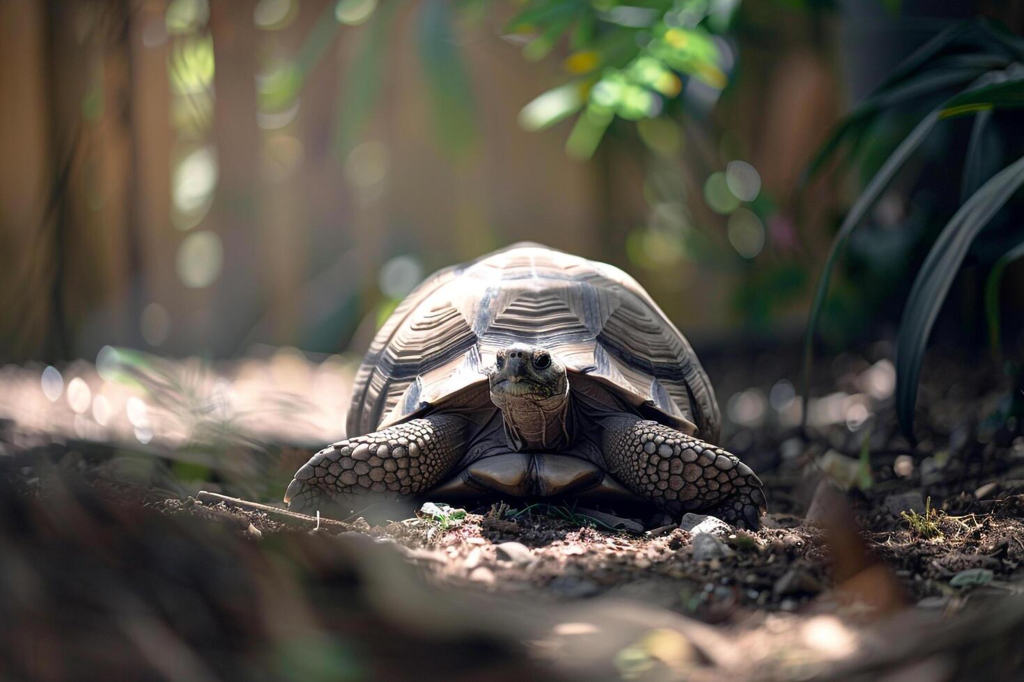 rescued tortoise exploring an outdoor enclosure shell gleaming under the gentle afternoon sun enjoying newfound freedom photo