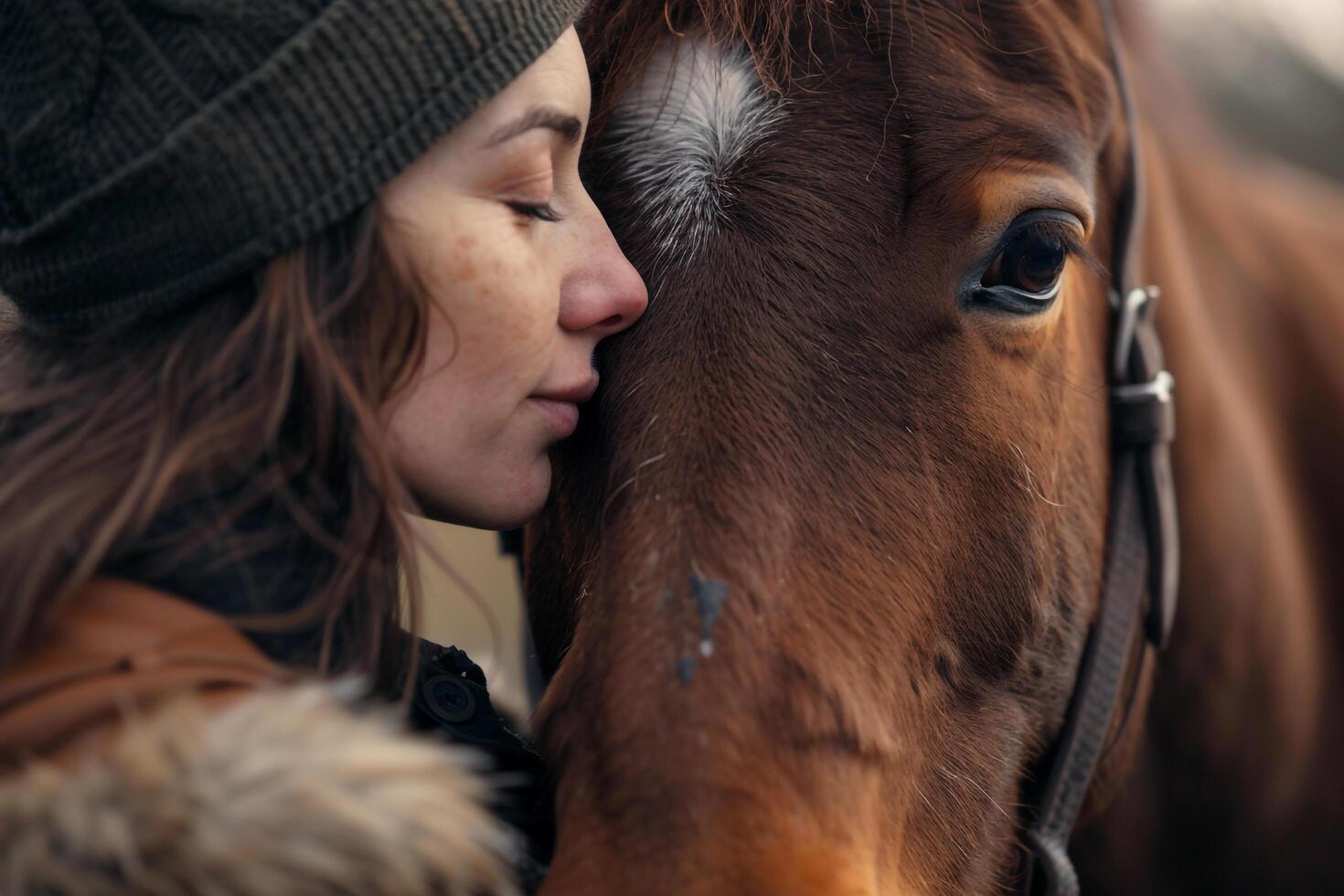 rescued horse nuzzling its caretaker gratitude and trust evident in its expressive eyes photo