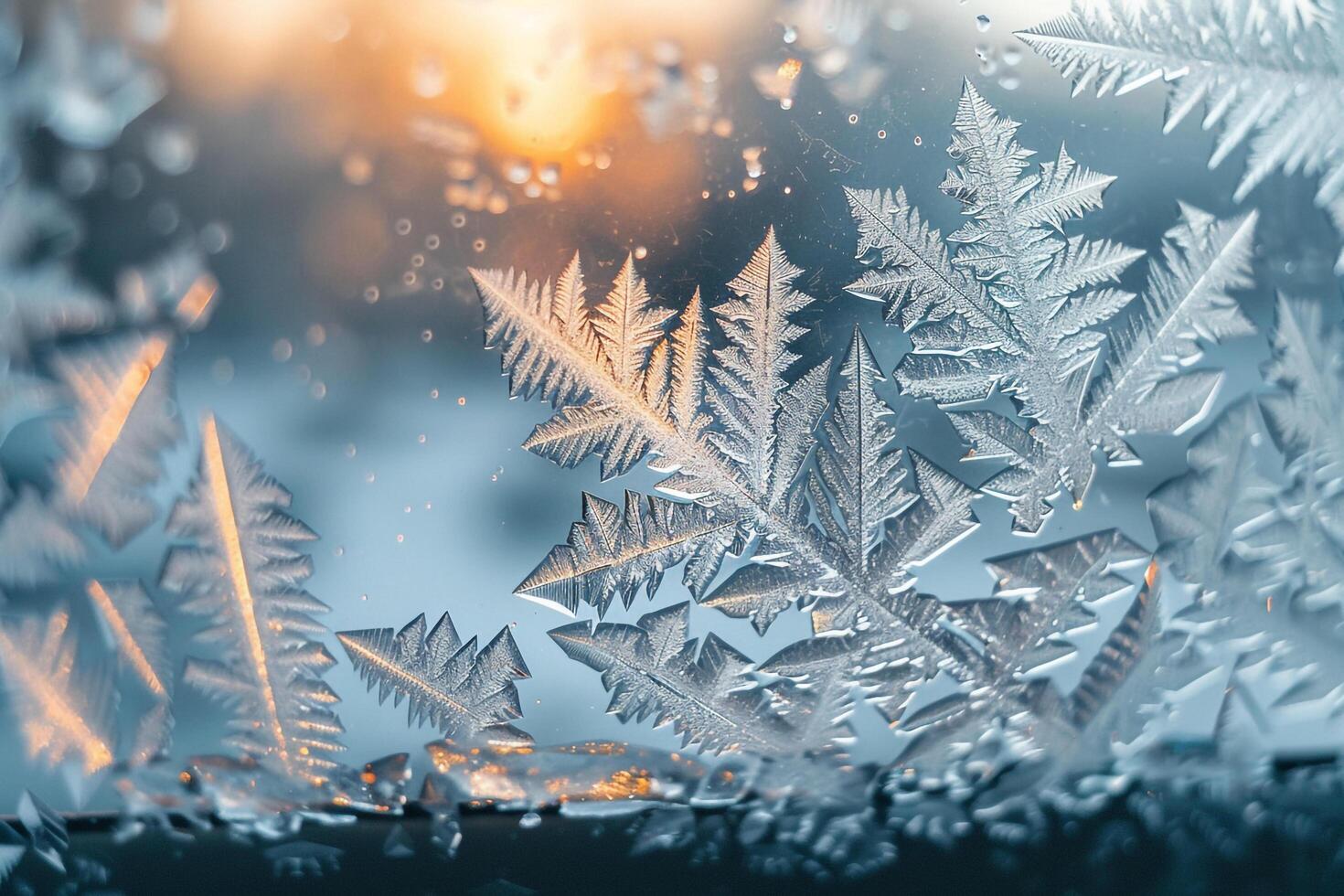 Nature of frost patterns on window pane with delicate ice crystals forming intricate designs against red background photo