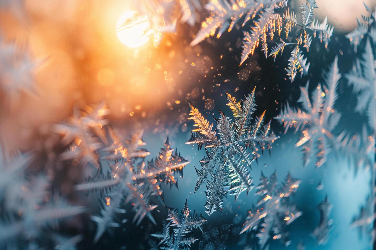 Nature of frost patterns on window pane intricate ice crystals forming delicate designs against red background photo