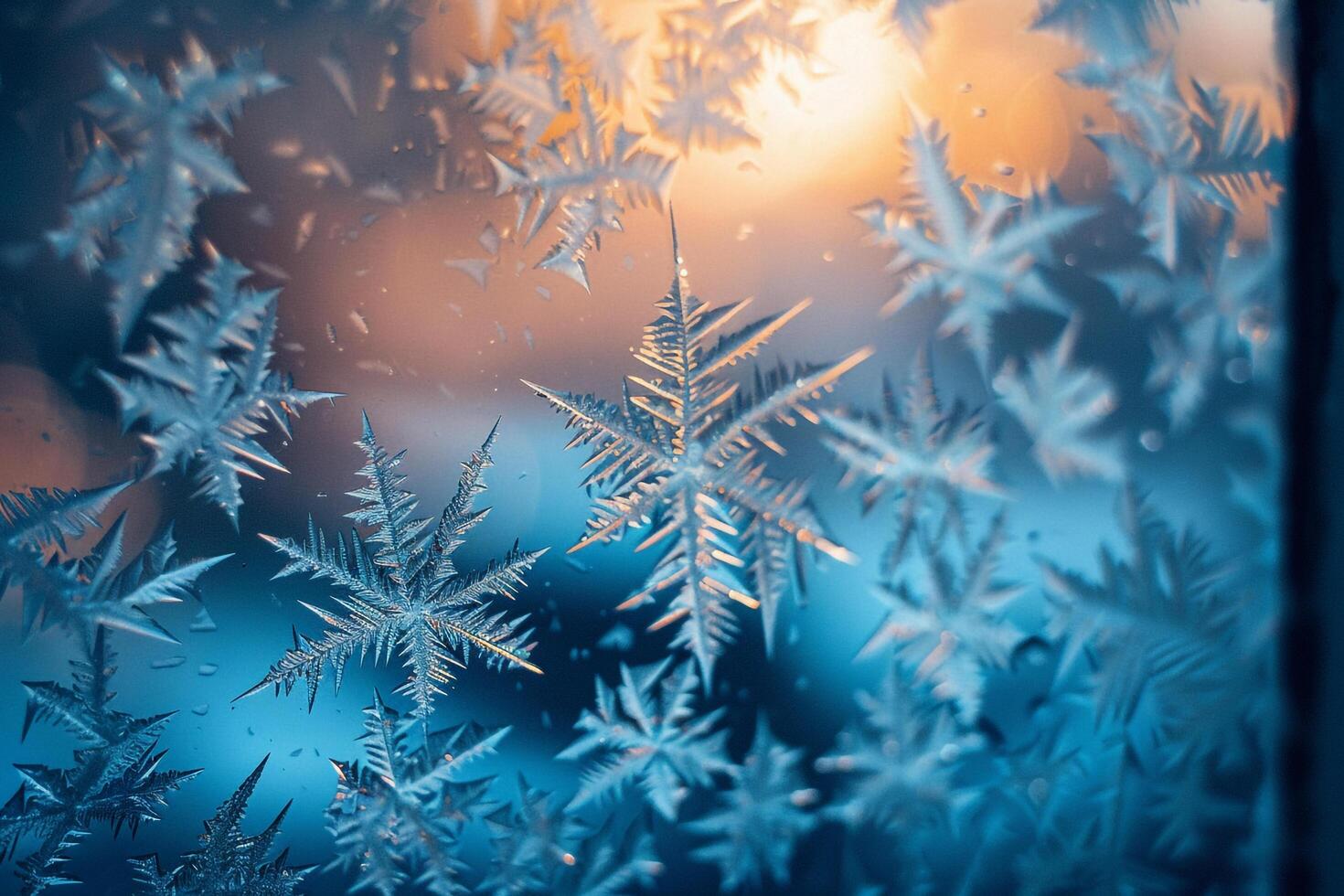Nature of frost patterns on window pane intricate ice crystals forming delicate designs against red background photo