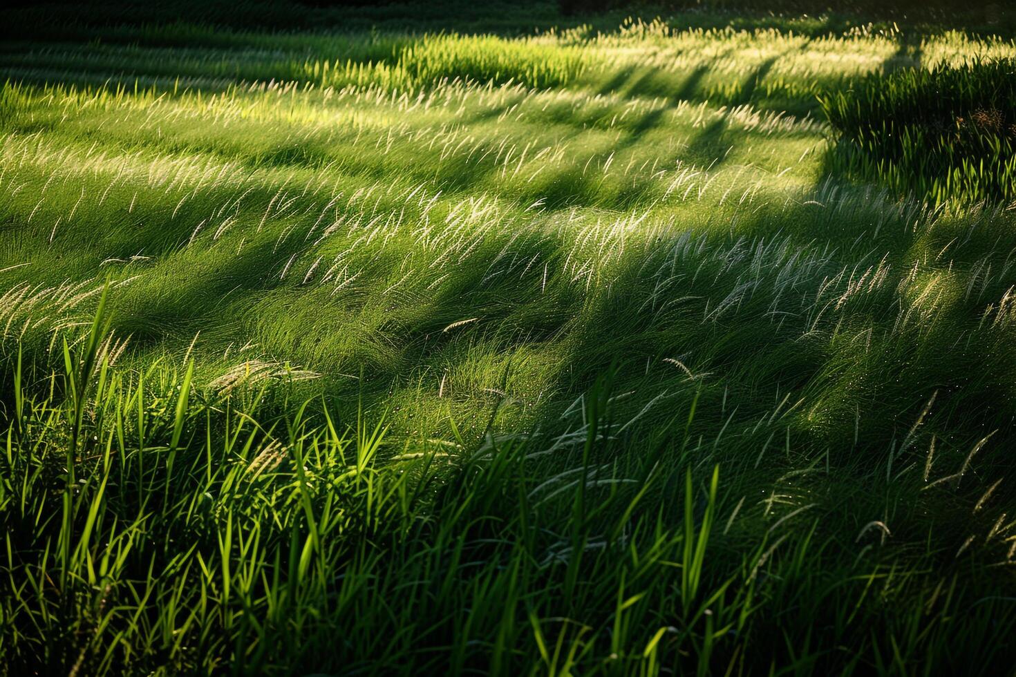 Captivating shadows cast by tall grass on sunlit meadow forming pattern of alternating light and shade with natural background photo