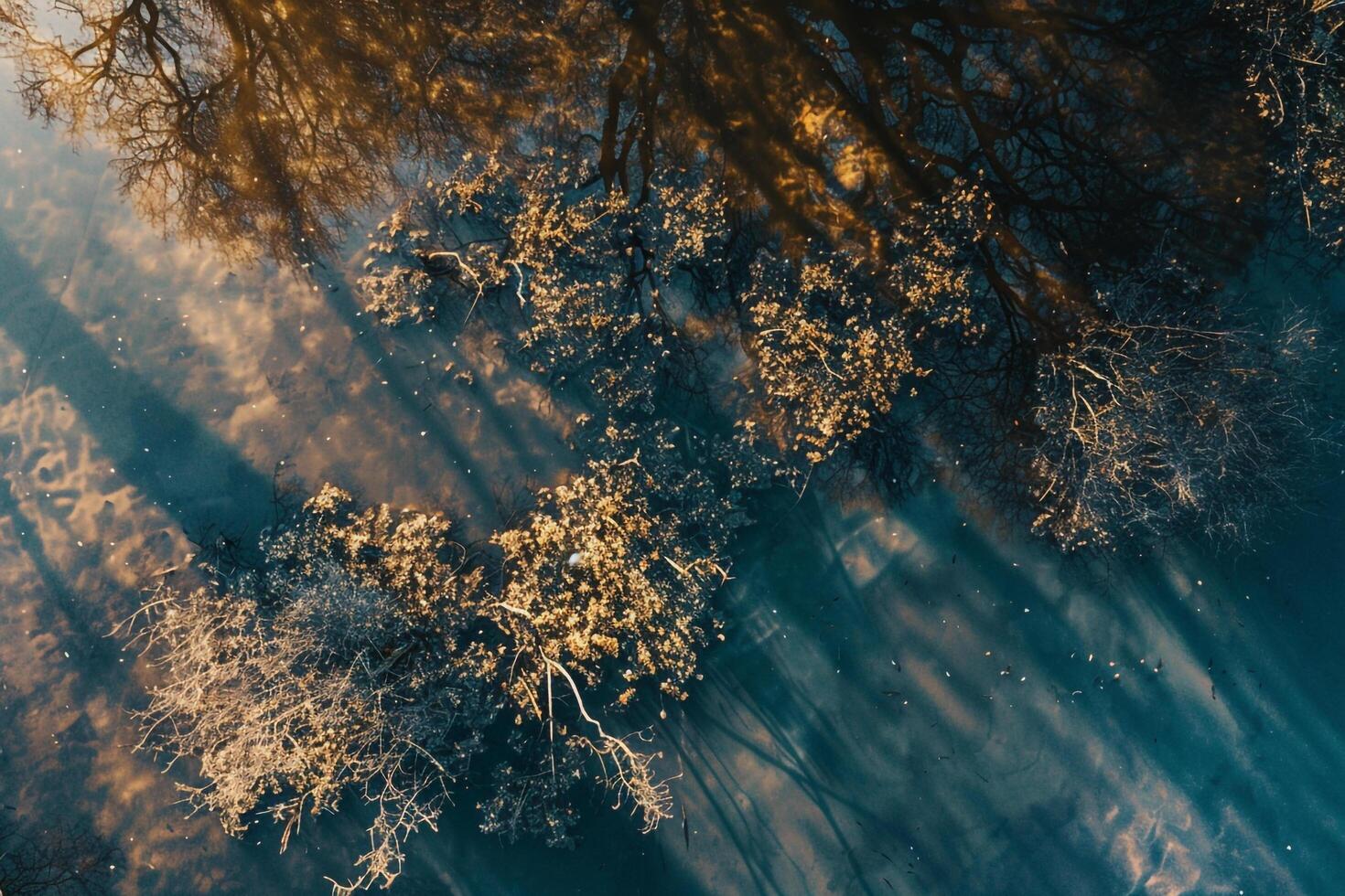 Sunlight casting intricate patterns on the surface of calm reflective pond with nature background photo