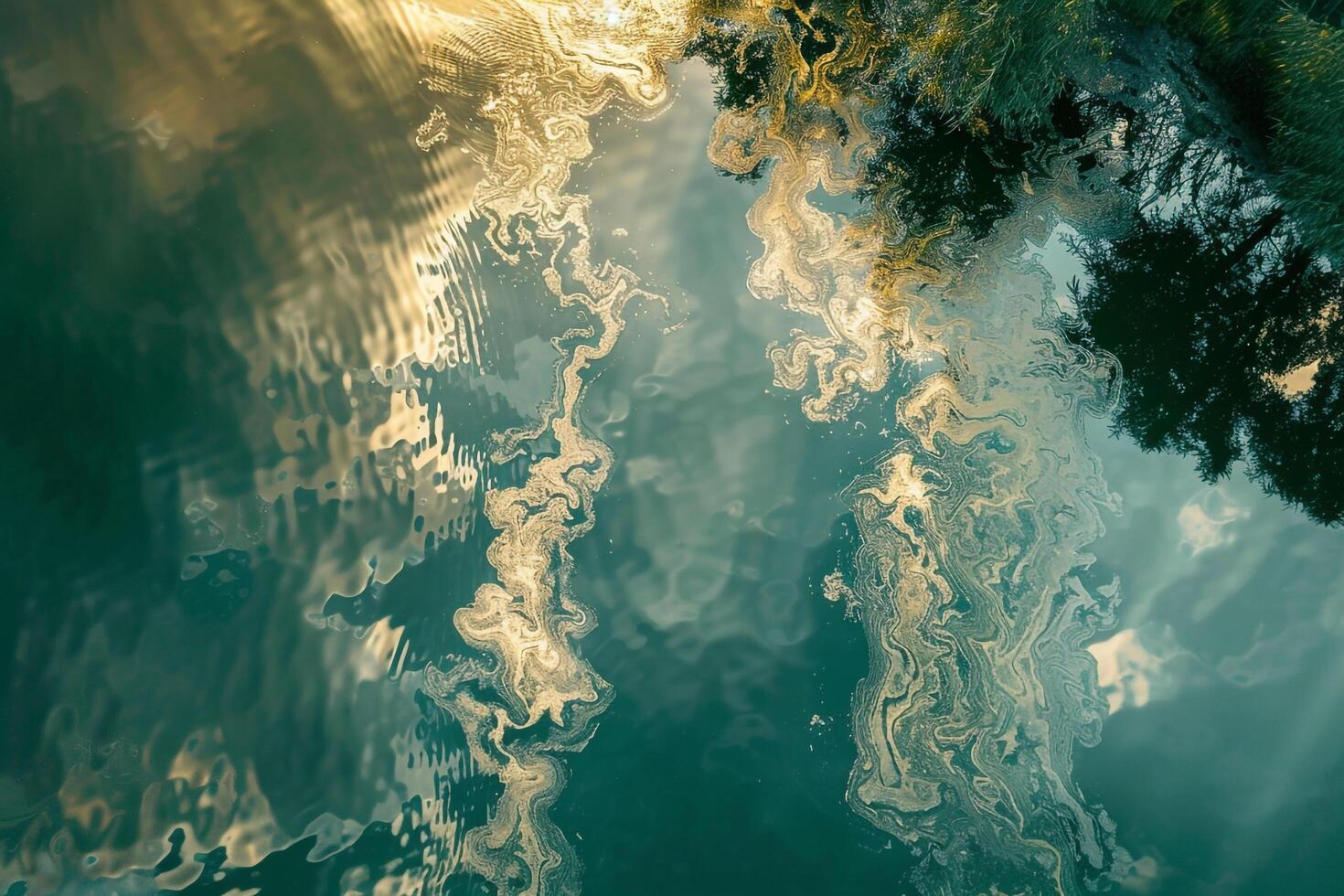 Sunlight casting intricate patterns on the surface of calm reflective pond  nature background photo
