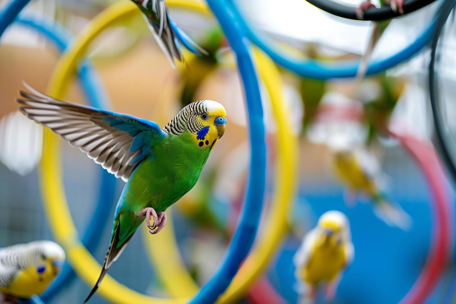 Budgerigars darting through hoops and perches in an indoor aviary during training session  nature background photo