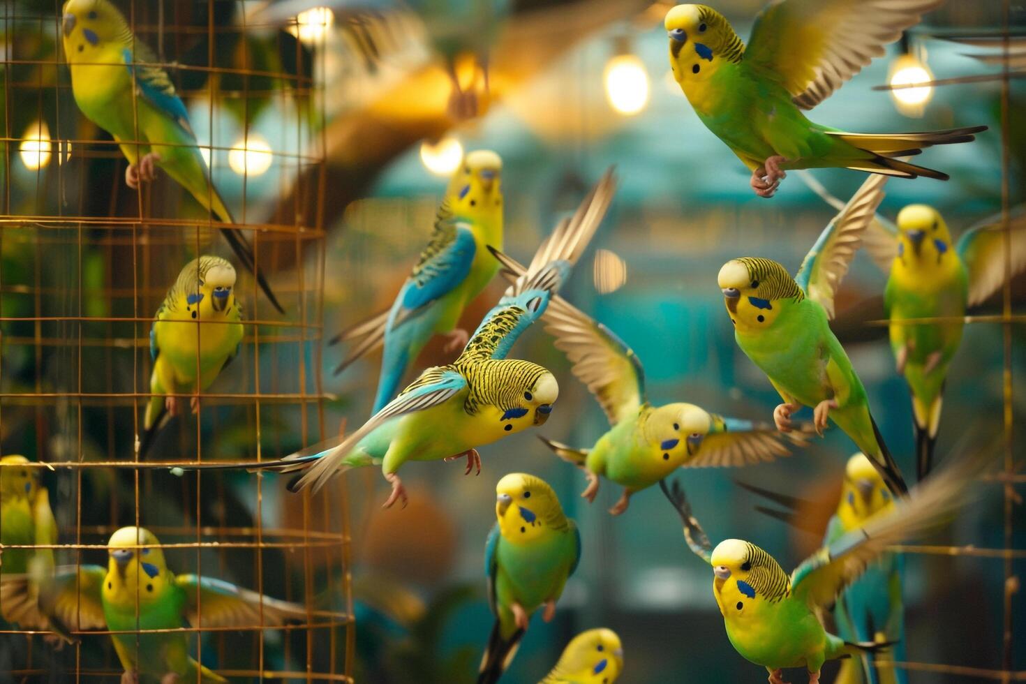 Budgerigars darting through hoops and perches in an indoor aviary during training session  nature background photo