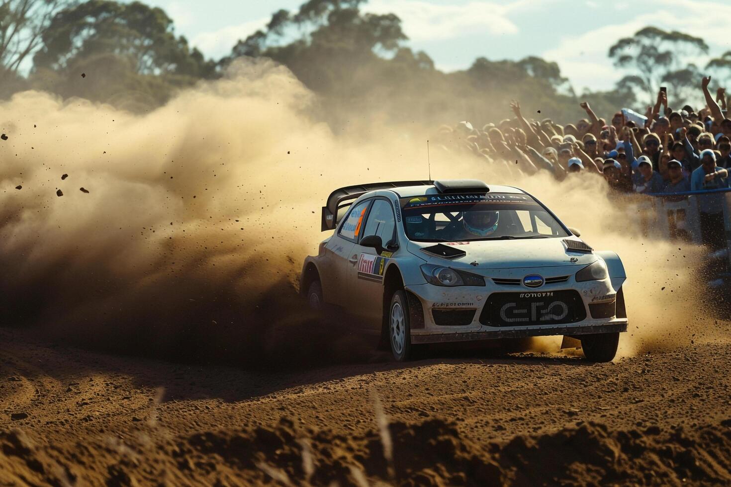 Rally car speeding through dirt track with flying dust and cheering crowd in nature background photo