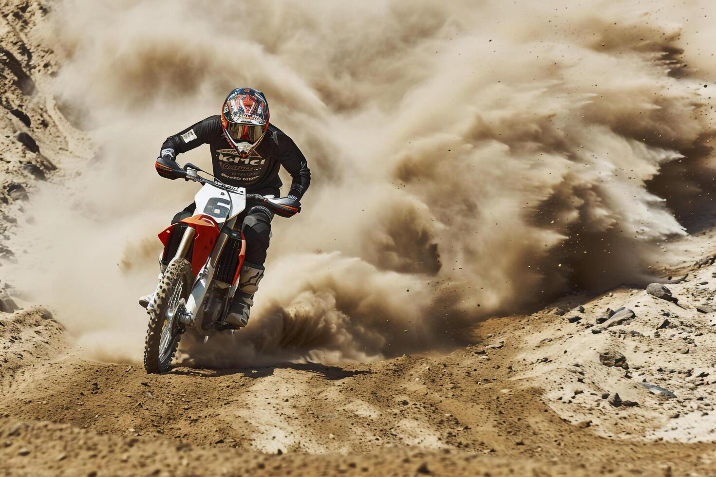 Sports Speed Dirt bike racing through rugged desert terrain with dust cloud trailing behind   nature background photo