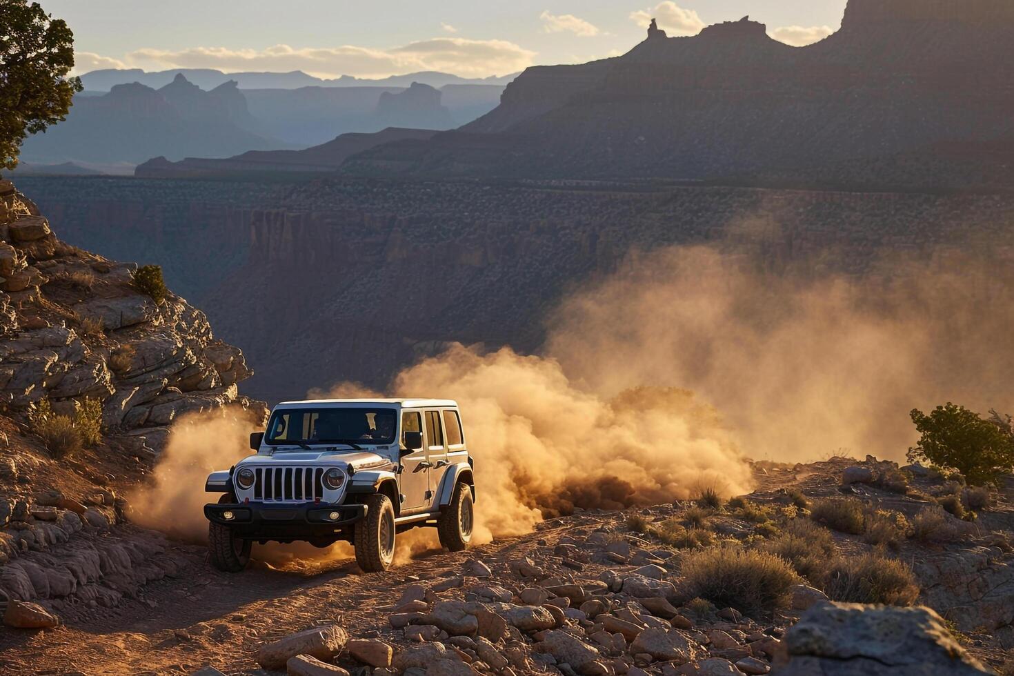 Adventure nature background Jeep driving along rugged trail with dust kicking up against  of rocky mountains photo