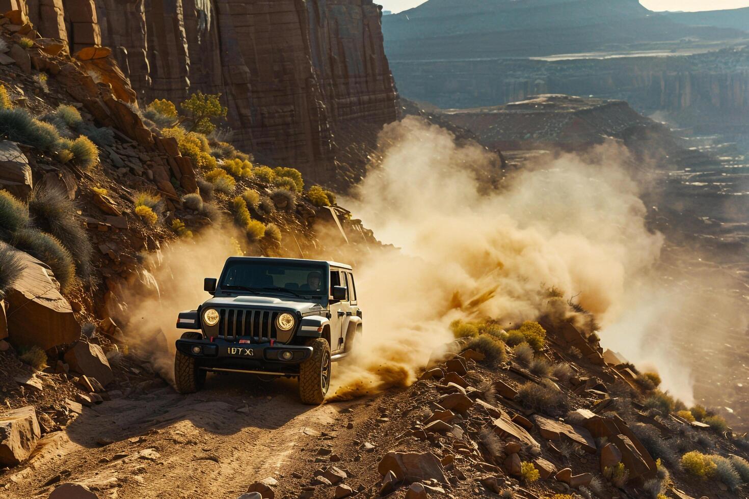 Jeep driving along rugged trail with dust kicking up against  of rocky mountains   nature background photo