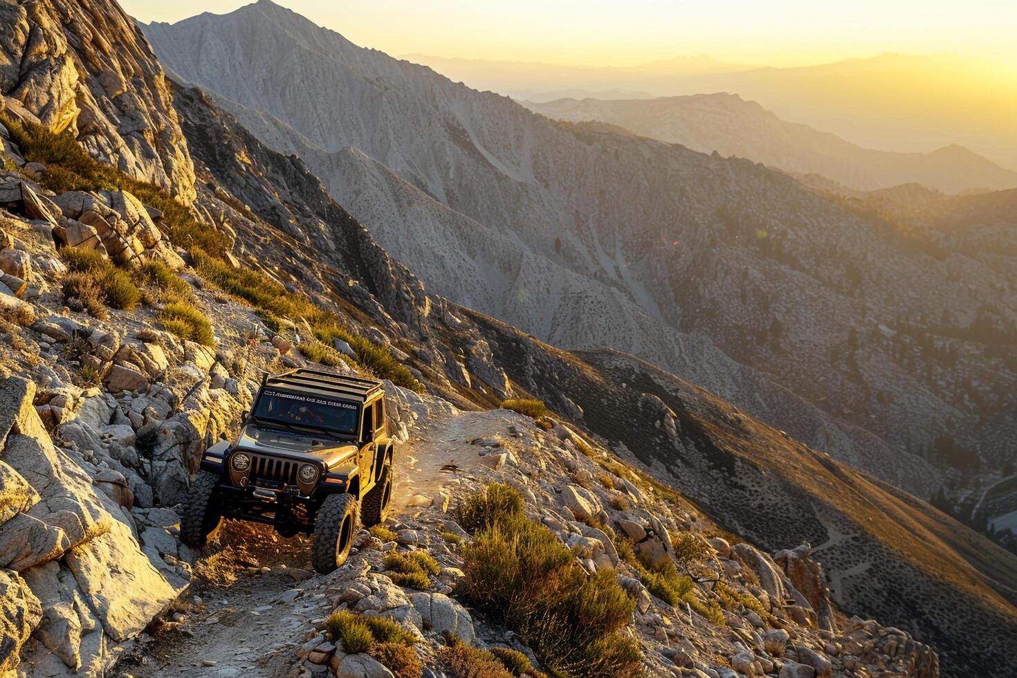 Adventure nature background Offroad vehicle climbing up rugged mountain trail with panoramics photo