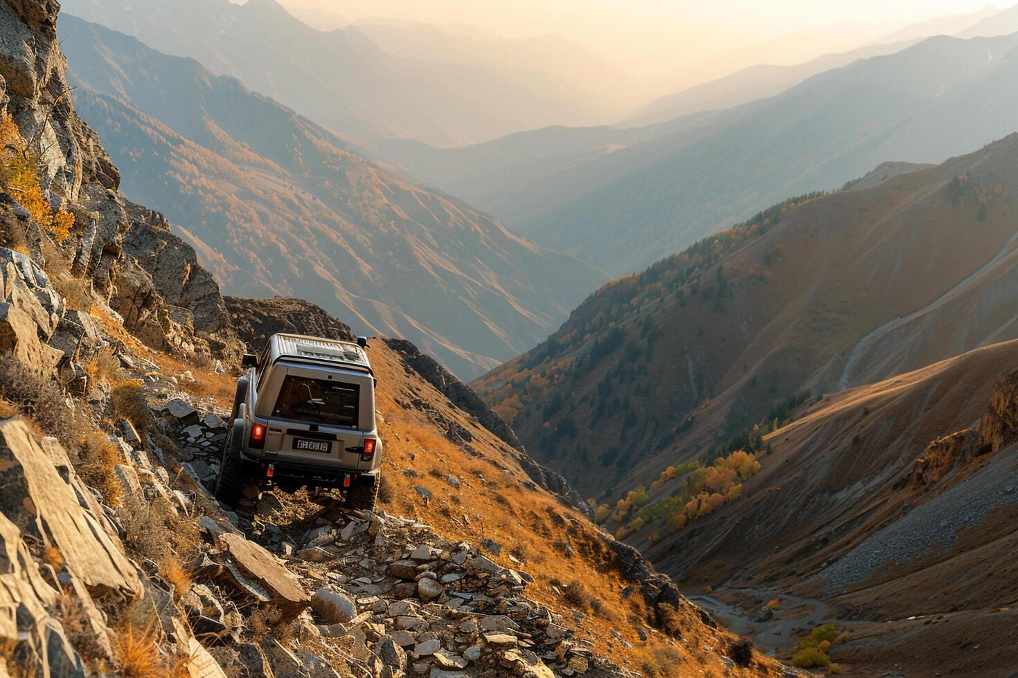 Adventure Background Offroad vehicle climbing up rugged mountain trail with panoramics photo