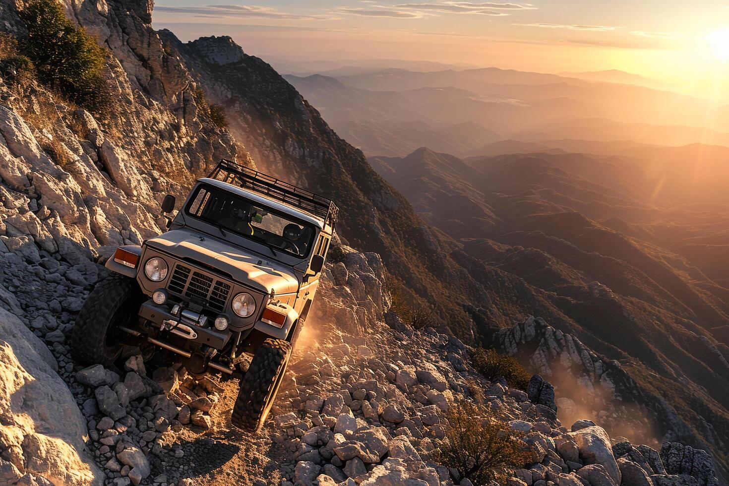 Adventure Background Offroad vehicle climbing up rugged mountain trail with panoramics photo