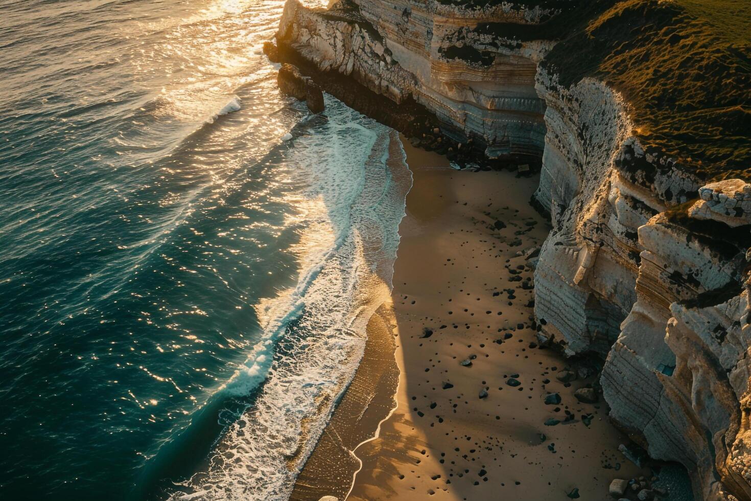 AweInspiring Sunlight Casting Long Shadows of Coastal Cliff on Beach nature background photo